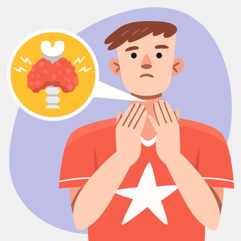A flat design illustration showing the butterfly-shaped thyroid gland located at the base of a human neck.