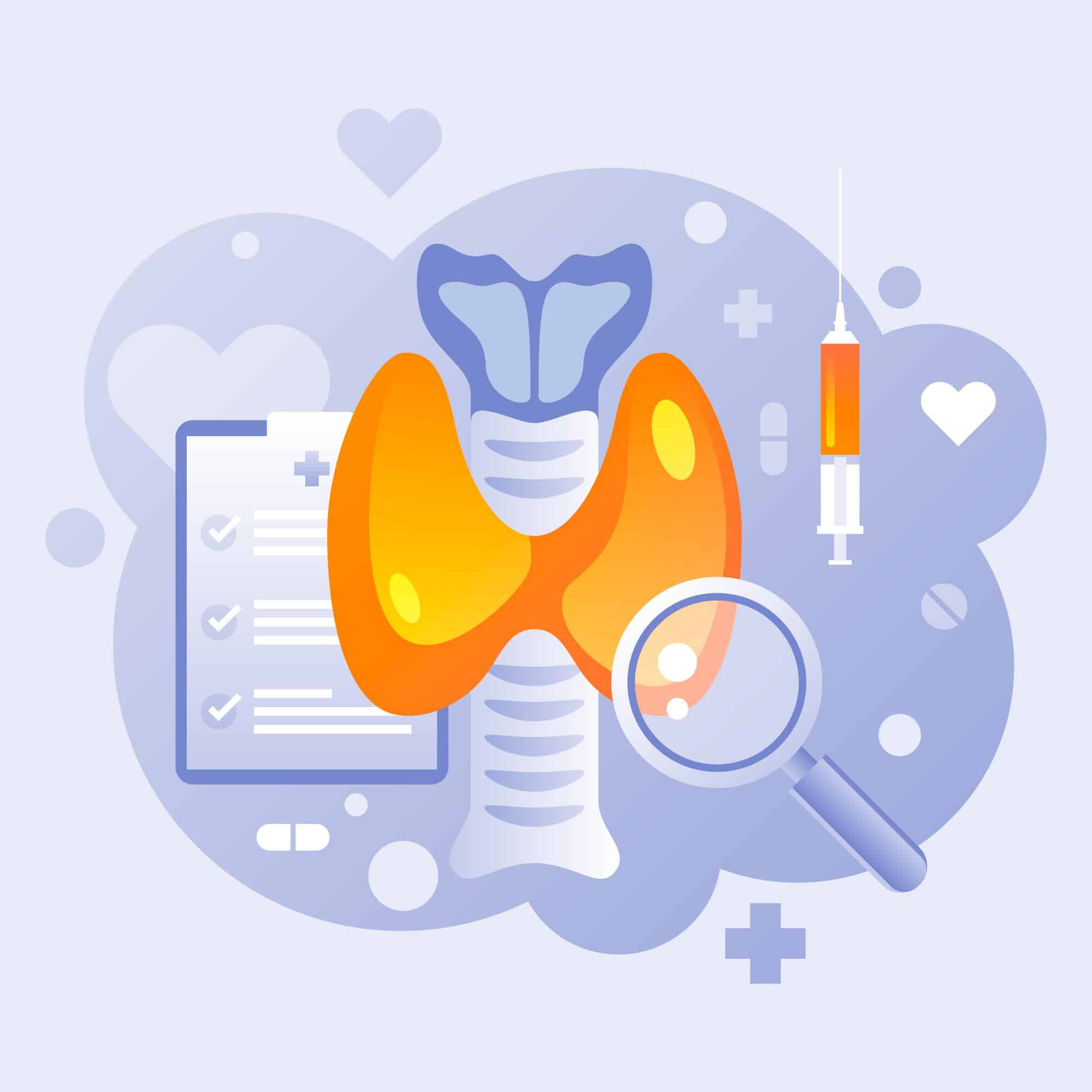 A medical vector illustration featuring a thyroid gland alongside a magnifying glass, a checklist, and a syringe.