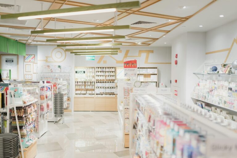 Modern pharmacy interior with prescription medication shelves