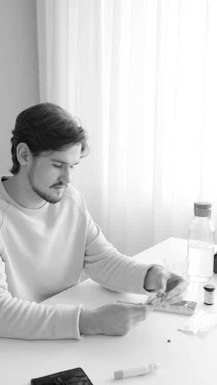 Young adult checking blood glucose levels using a glucometer at home